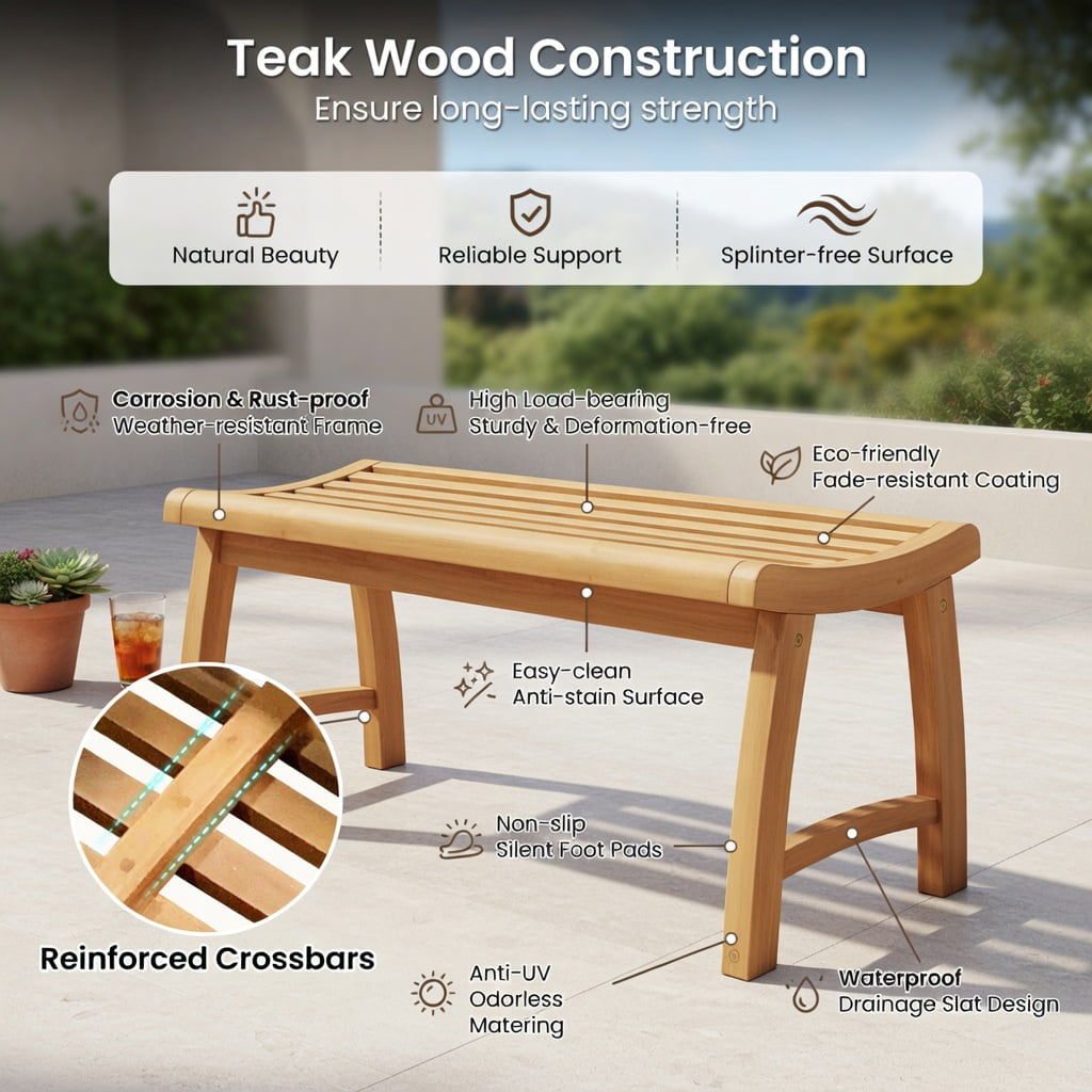 Hommoo Teak Wood Outdoor Backless Garden Bench, Contoured Slatted Seat, Easy 3-Step Assembly for Patio, Porch & Backyard, Natural