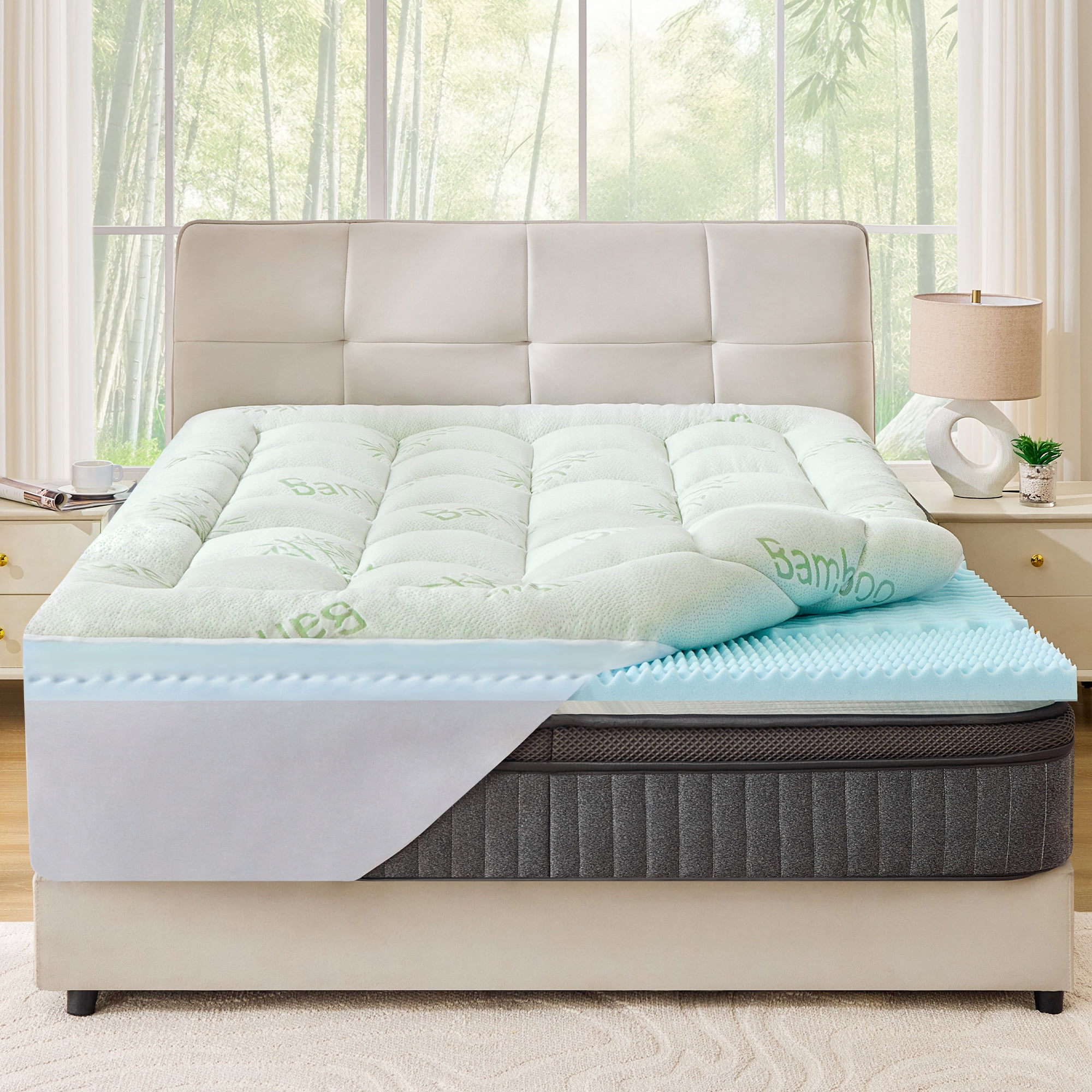 BDEUS Dual Layer 5 inch Memory Foam Mattress Topper, 3 inch Bamboo Mattress Pad Cover and 2 inch Gel Memory Foam for Back Pain,Twin Size