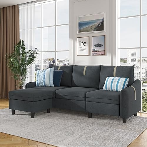 Jarenie 80" Convertible Sectional Sofa, 3-Seat L Shaped Couch with Ottoman, Modern Linen Upholstered Sofa Couches for Living Room, Apartment and Small Spaces (Dark Grey)
