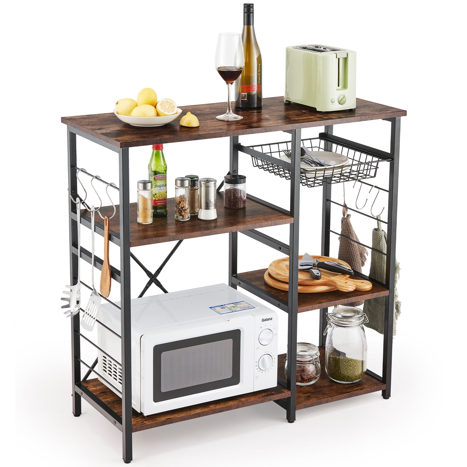 Kitchen Table & Shelf with Basket Hooks Microwave Stand for Storage