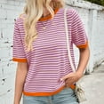 thumbnail image 2 of Fgnfyis T-Shirt Tricoté à Manches Courtes Col Rond avec Design à Rayures et Blocs de Couleur pour Femmes Hauts d'Été pour Femmes Violet TTG, 2 of 6