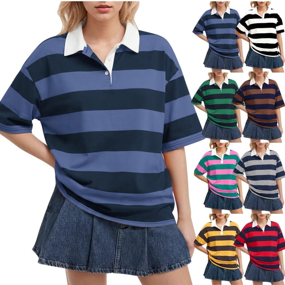 HAJWOH Women's Rugby Shirt Striped Polo T-Shirts Back To School Short Sleeve Lapel Collar Tee Summer School Uniform