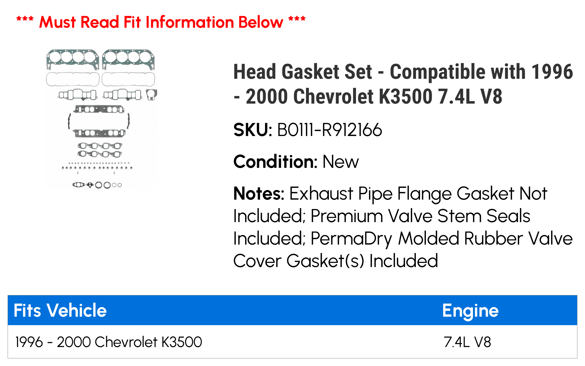 Head Gasket Set - Compatible with 1996 - 2000 Chevy K3500 7.4L V8 1997 1998 1999