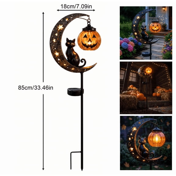 Solar Halloween Black Cat & Pumpkin Moon Garden Stake Light, Black Cat Pumpkin Moon, Illuminated Pathway Marker, Safety Lighting for Driveway Walkway Steps