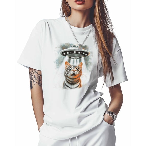 T Shirts for Women Short Sleeve Cotton Crewneck T-Shirt, Funny Cat Spaceship Tee Tops Casual Basic T-Shirts, XS-5XL White M