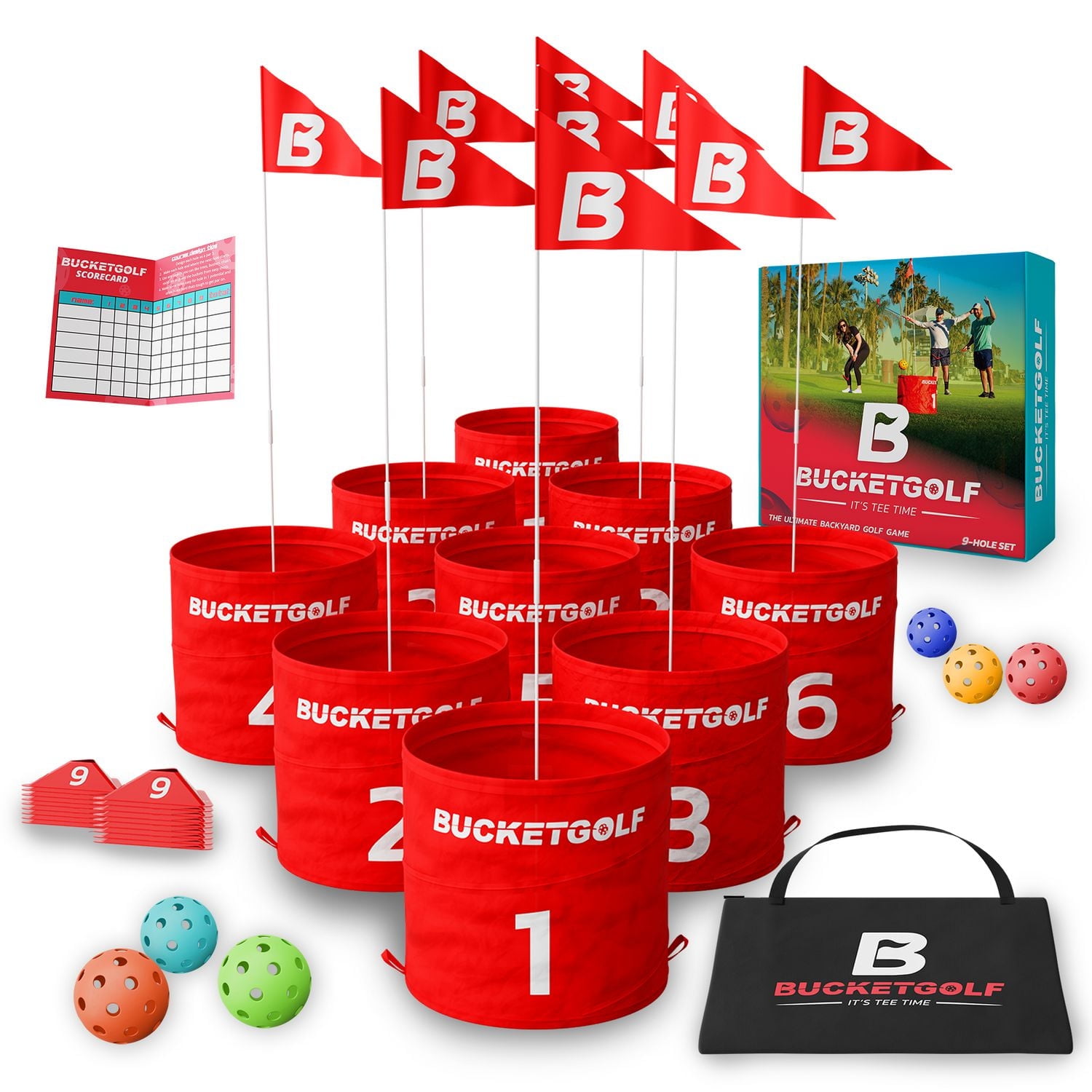 BucketGolf Pro 9 Hole Course - The Ultimate backyard golf game for levels, adults, kids and families. Play on vacation, park, beach, camping and more.