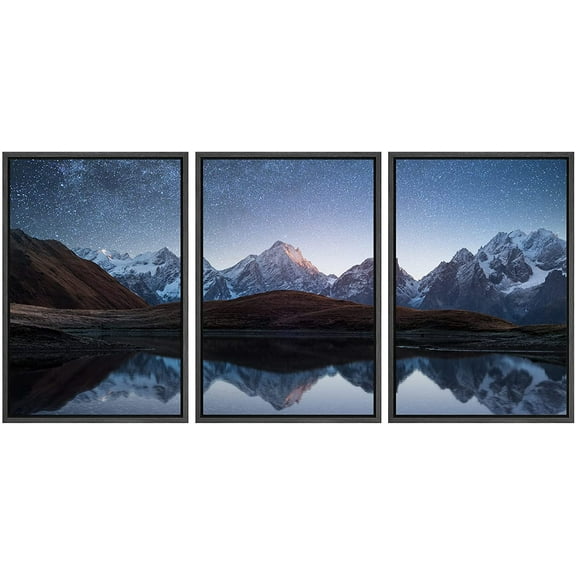 wall26 - 3 Piece Framed Canvas Wall Art - Night Sky with Stars and The Milky Way Over a Mountain Lake - Modern Home Art Stretched and Framed Ready to Hang - 16"x24"x3 Black
