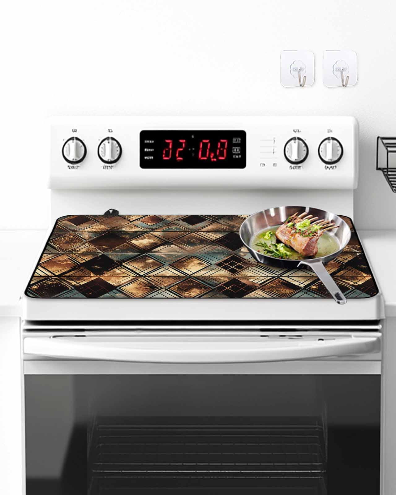 Stove Top Covers for Electric Stove, Brown Teal Geometric Glass Stovetop Cover Protector, Retro Modern Plaid Abstract Art Induction Cooktop Protector Oven Mat for Kitchen Countertop 24"x21"