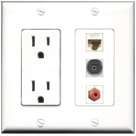 RiteAV - 15 Amp Power Outlet 1 Port RCA Red 1 Port Shielded Cat6 Ethernet Ethernet 1 Port Toslink Decorative Wall Plate