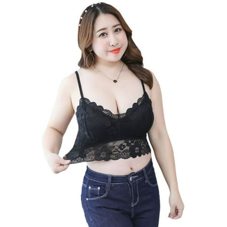 

ZUARFY Womens Plus Size Sexy Deep V-Neck Crop Top Seamless Scalloped Sheer Floral Lace Bralette Padded Wireless Underwear Vest XL-3XL