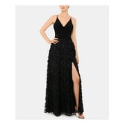 XSCAPE Womens Black Embroidered Zippered Gown Sleeveless V Neck Full-Length Evening Fit + Flare Dress Petites 2P