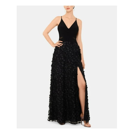 XSCAPE Womens Black Embroidered Zippered Gown Sleeveless V Neck Full-Length Evening Fit + Flare Dress Petites 2P