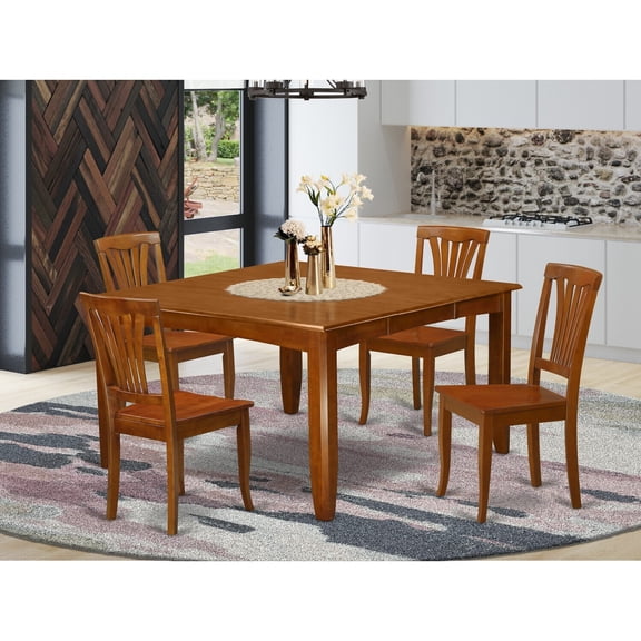 Dining Room Set - Table and Chairs Set - 54 Inch Square Table - 4 chairs - Saddle Brown Finish