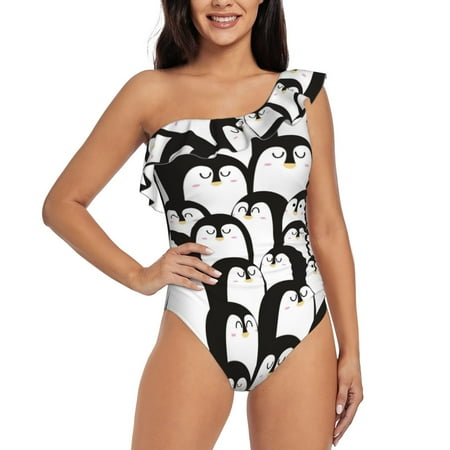 Uemuo Cartoon Penguin Print Women s One Piece Swimsuit Asymmetrical Neck Bathing Suit One Shoulder Side Cutout Ruffle Swimwear-X-Large