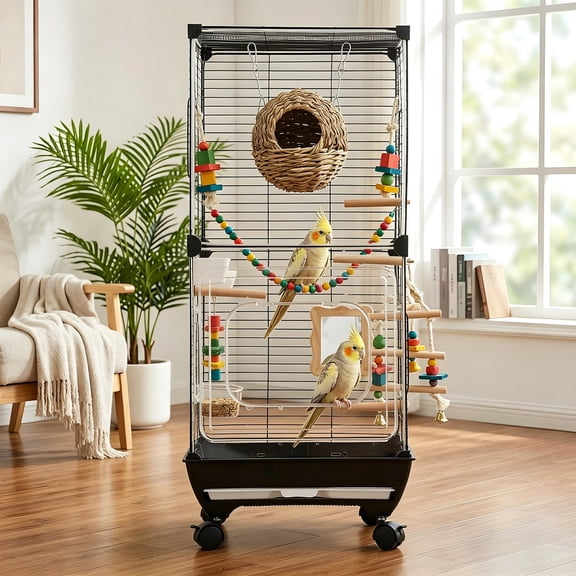 Black Double‑Compartment Birdcage, Large Deluxe Home Bird Cage with Transparent View Window & Feeding Door, Portable Movable Cage for Budgies, Cockatiels, Lovebirds & Sun Conures
