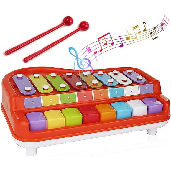 2 in 1 Baby Piano Xylophone for Toddlers, Baby Piano Toy Musical Instruments, 8 Multicolored Key Scales in Crisp and Clear Tones wit