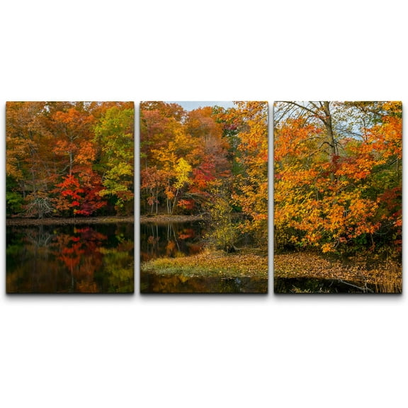 wall26 - 3 Piece Canvas Wall Art - Colorful Autumn Reflections on This Pond in Allaire State Park in New Jersey. - Modern Home Art Stretched and Framed Ready to Hang - 16"x24"x3 Panels