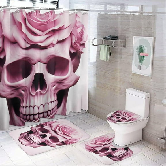 4 Pieces Horror Skeleton Shower Curtain Set Pink Flower Gothic Skull Shabby Chic Bathroom Decor Sets with Rugs Bathroom Accessories Set Bathroom Curtain Shower Set with 12 Hooks