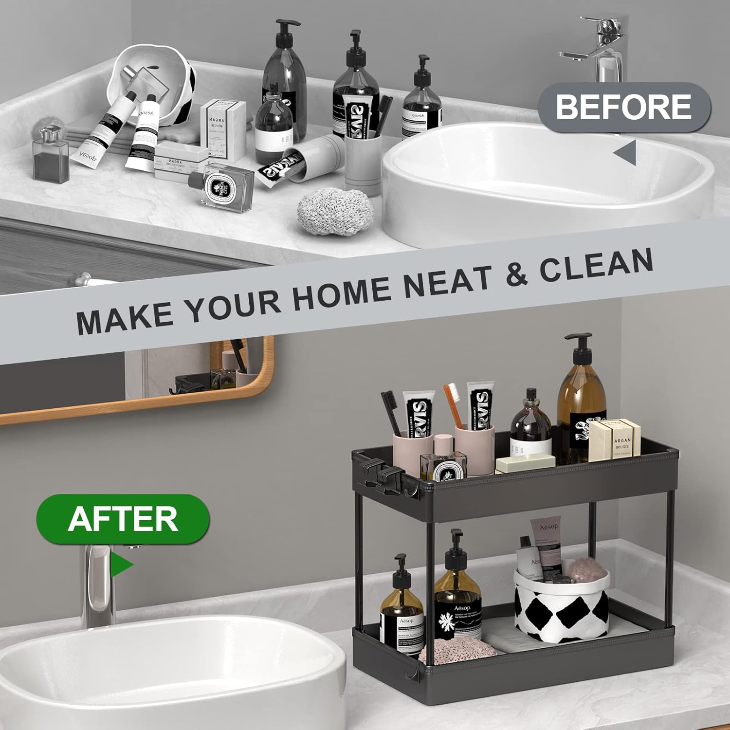 LLMRR 2 Pack Under Sink Organizer, Bathroom Cabinet Organizer, Under Sink Organizers and Storage, Kitchen Cabinet Organizer with Hooks for Kitchen, Bathroom, Black, 2 Pack