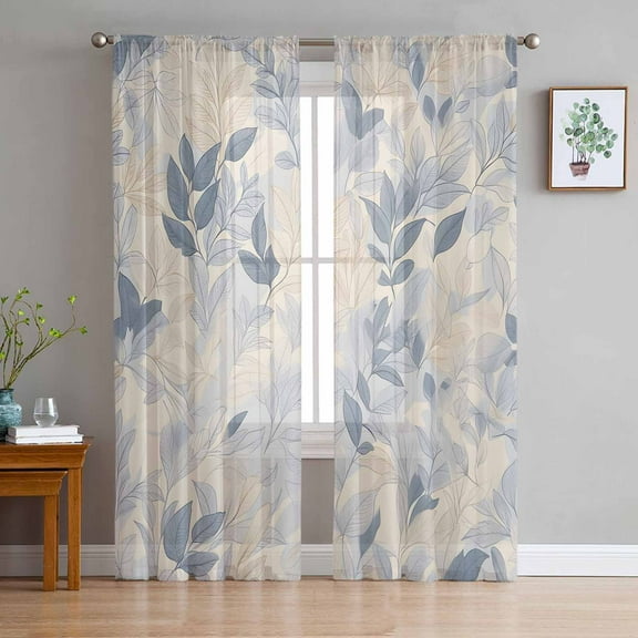 Blue Yellow Botanical Semi Sheer Curtains 63 Inch Length 2 Panels Set, Spring Summer Vintage Sheer Kitchen Curtain Privacy Voile Window Curtain for Living Room Bedroom Rod Pocket Drapes