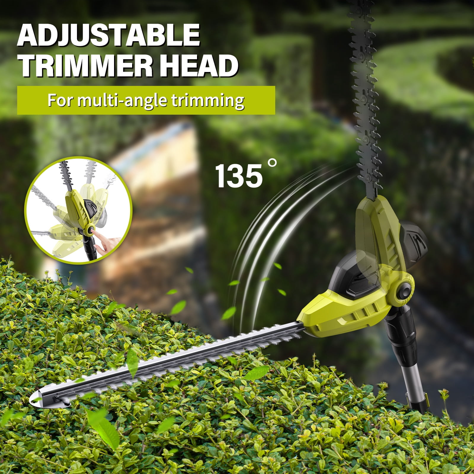 20V MAX Cordless Pole Hedge Trimmer – 20-inch Electric Battery Hedge Trimmer with 9 Ft. Reach, Multi-Angle Head & Extension Pole for Shrub Pruning (Includes 2x 2.0Ah Batteries & Charger)