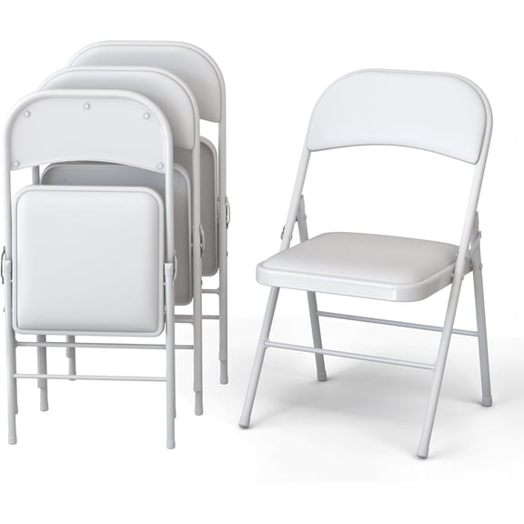 4 Pack Leather Chair | Foldable & Stackable | 350 lbs Capacity Steel Frame Seats for Indoor or Outdoor | Commercial Use Events Wedding Party Events Bulk Picnic Kitchen Dining - White