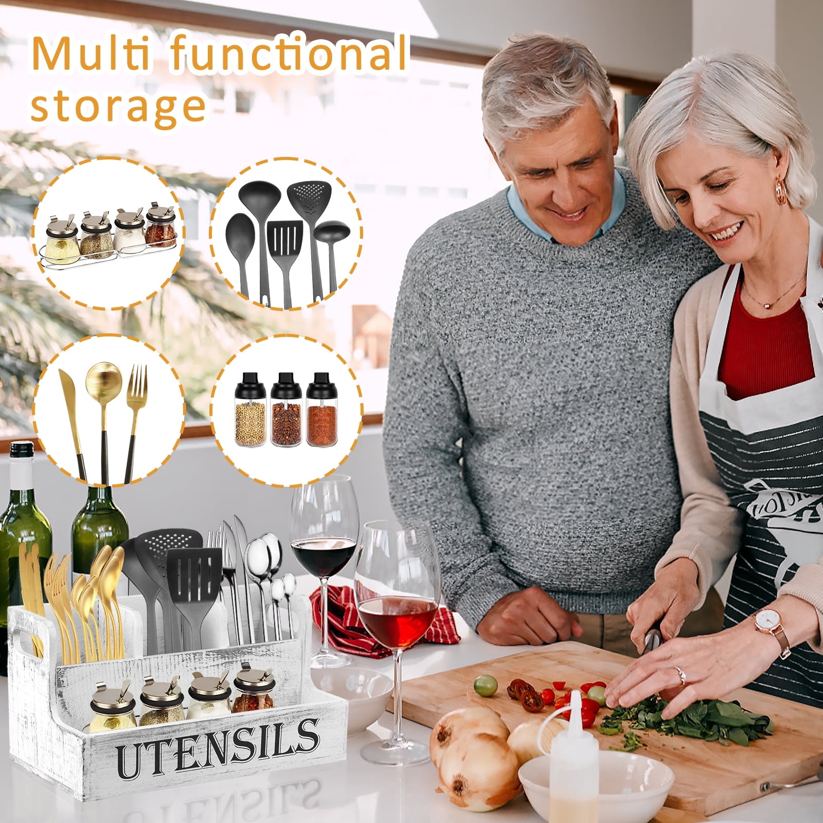 FUYGRCJ Extra Large Kitchen Utensils Holder with 4 Compartments, 2 Layers Wooden Utensil Holder Organizer for Countertop, Farmhouse Utensil Storage Caddy, Rustic Cooking Utensils Organizer