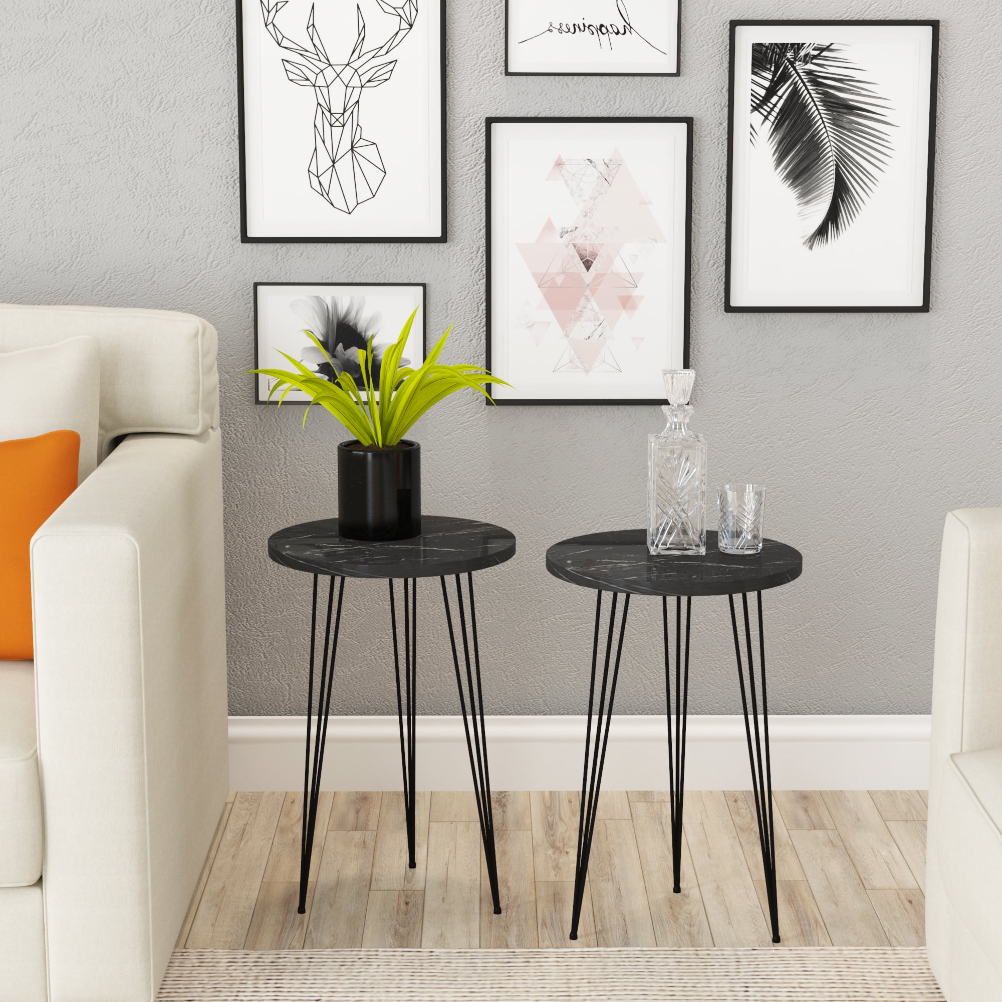 PAK HOME - Set of 2 Black Marble Look Wood Round Sofa Side Tables for Small Spaces, Nightstand Bedside Table with Metal Legs - BLACK