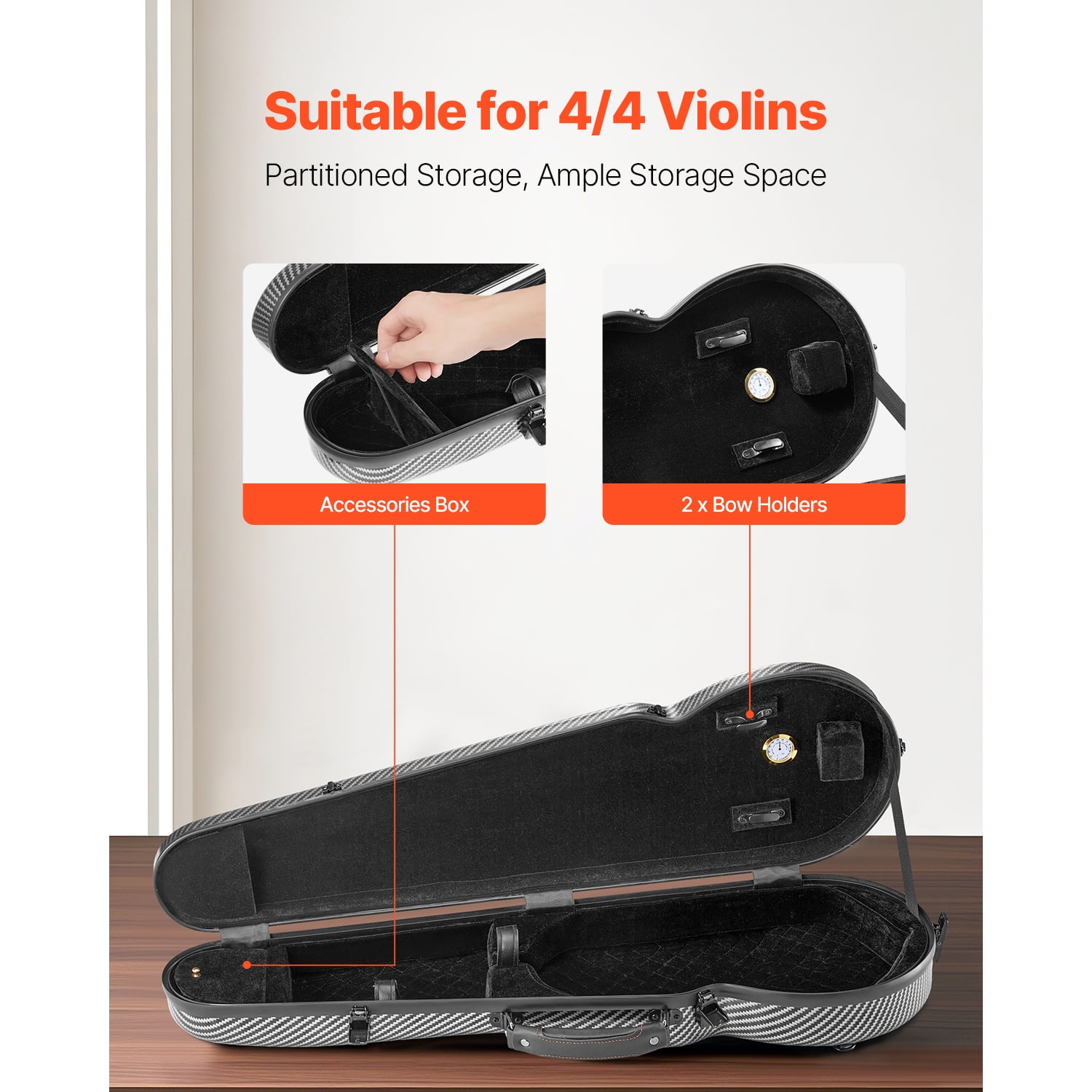 KFFKFF 4/4 Full Size Violin Case, Integrated Hygrometer, Lightweight Travel Carry Bag, Plush Interior, Dual Shoulder Straps, Scratch-Resistant, Triangular Design, for Violin, Black