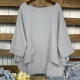 thumbnail image 3 of Pink Season O-neck Pocket High Low Hem Side Split Women T-shirt Solid Color Half Sleeve Pullover Blouse, 3 of 8