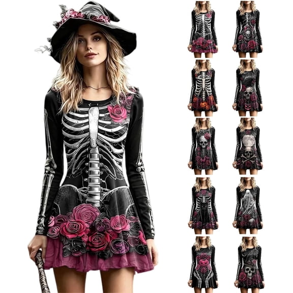 Womens Skeleton Dress Long Sleeve Skull Print Halloween Dresses Witch Vampire Gothic