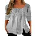 thumbnail image 1 of DYMADE Womens Summer Square Neck Half Sleeve Button Lace Stichting Pleated Basic Blouses, 1 of 3
