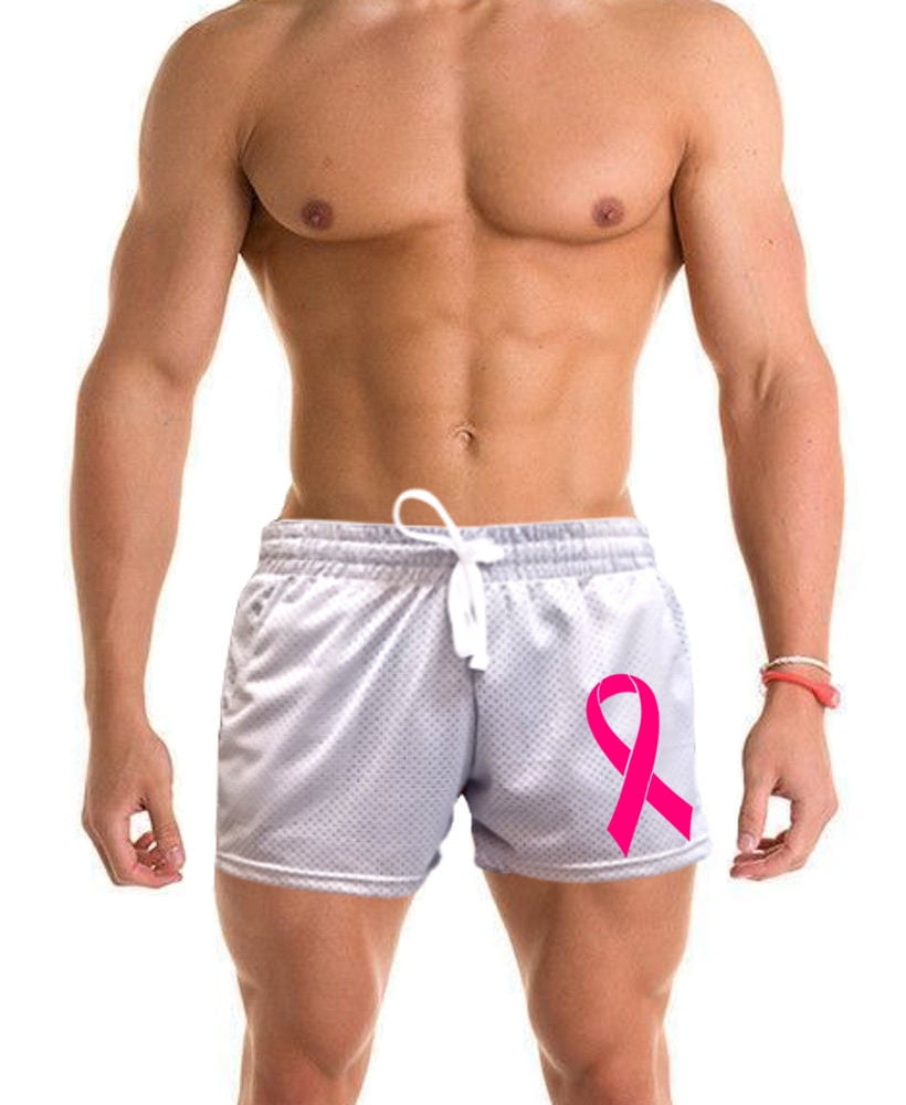 Interstate Apparel Mens Pink Ribbon Breast Cancer V393 Blue Mesh Gym Shorts