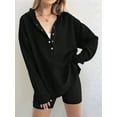thumbnail image 6 of Women'S Oversized Long Sleeve Hoodie Button-Down V-Neck Sweatshirt Side Slit Casual Pullover Top Black S, 6 of 9