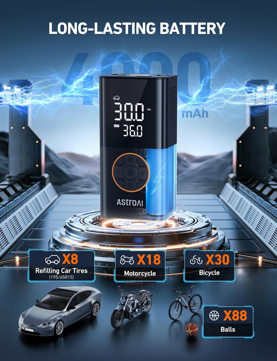 AstroAI Tire Inflator, Portable Cordless Air Compressor 150 PSI Digital Pressure Gauge Bike Pump with Digital Dual Values Display, Car Tires Pump with LED Lights Air Pump for Cars