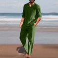 thumbnail image 2 of USNSM Men's Casual Cotton Linen T-Shirt&Pants 2 PC Sets V-Neck Long Sleeve Pullover Shirt & Lace-Up Elastic Waist Straight Leg Long Trouser Homewear Suits Beach Vacation Outfit Green XL, 2 of 9