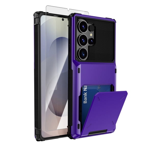 Dteck Card Holder Case for Samsung Galaxy S26 Ultra ,Case with Tempered Glass Screen Protector Shockproof TPU PC Anti-Slip Heavy Duty Protective Back Cover for Galaxy S26 Ultra,Purple