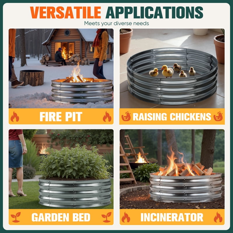 Devoko 48" Outdoor Fire Pit Wood Burning Fire Ring Patio Galvanized Garden Bed for Camping Backyard Planting, Silver