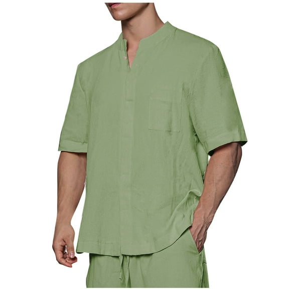Iugvhana Cotton Linen Shirts for Men Short Sleeve Round Neck Pocket Shirt Button Down Shirts Summer Beach Tee Shirt Top Army Green M