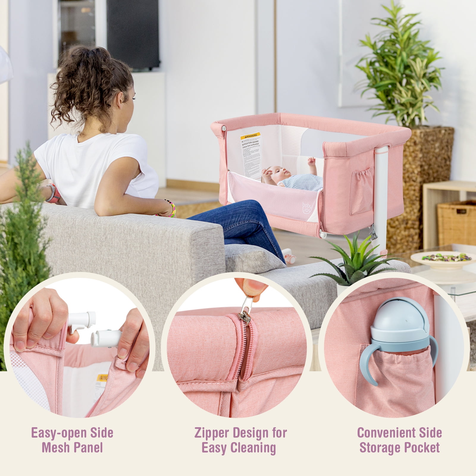Infans 3-in-1 Baby Bassinet Beside Crib with 5-Level Adjustable Heights Pink