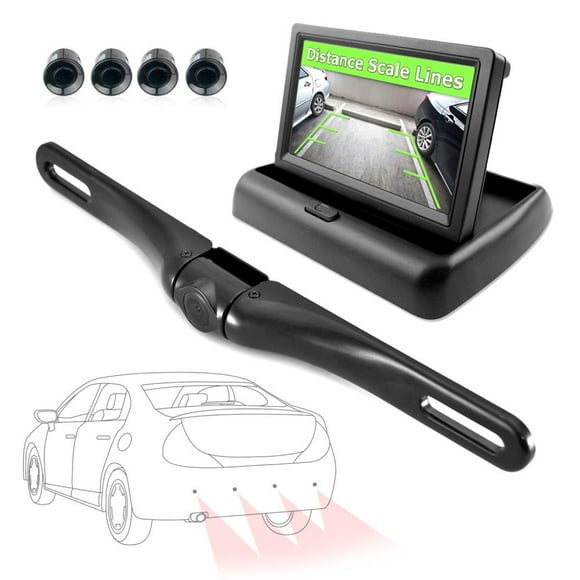 Pyle Backup Rear View Car Camera Monitor Screen & Alarm Parking Sensors System Reverse Safety Distance Scale Lines, Waterproof Night Vision Angle, 4.3" LCD Video Display for Vehicles - (PLCMPS48)