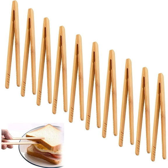 10 Pack Bamboo Tongs-Toaster Tongs Bamboo Reusable Wooden Tongs for Toaster, Mini Tongs for Salad ,Tea,Fruits, Bread,Pickles and BBQ- Bamboo Tongs for Cooking-7 Inch