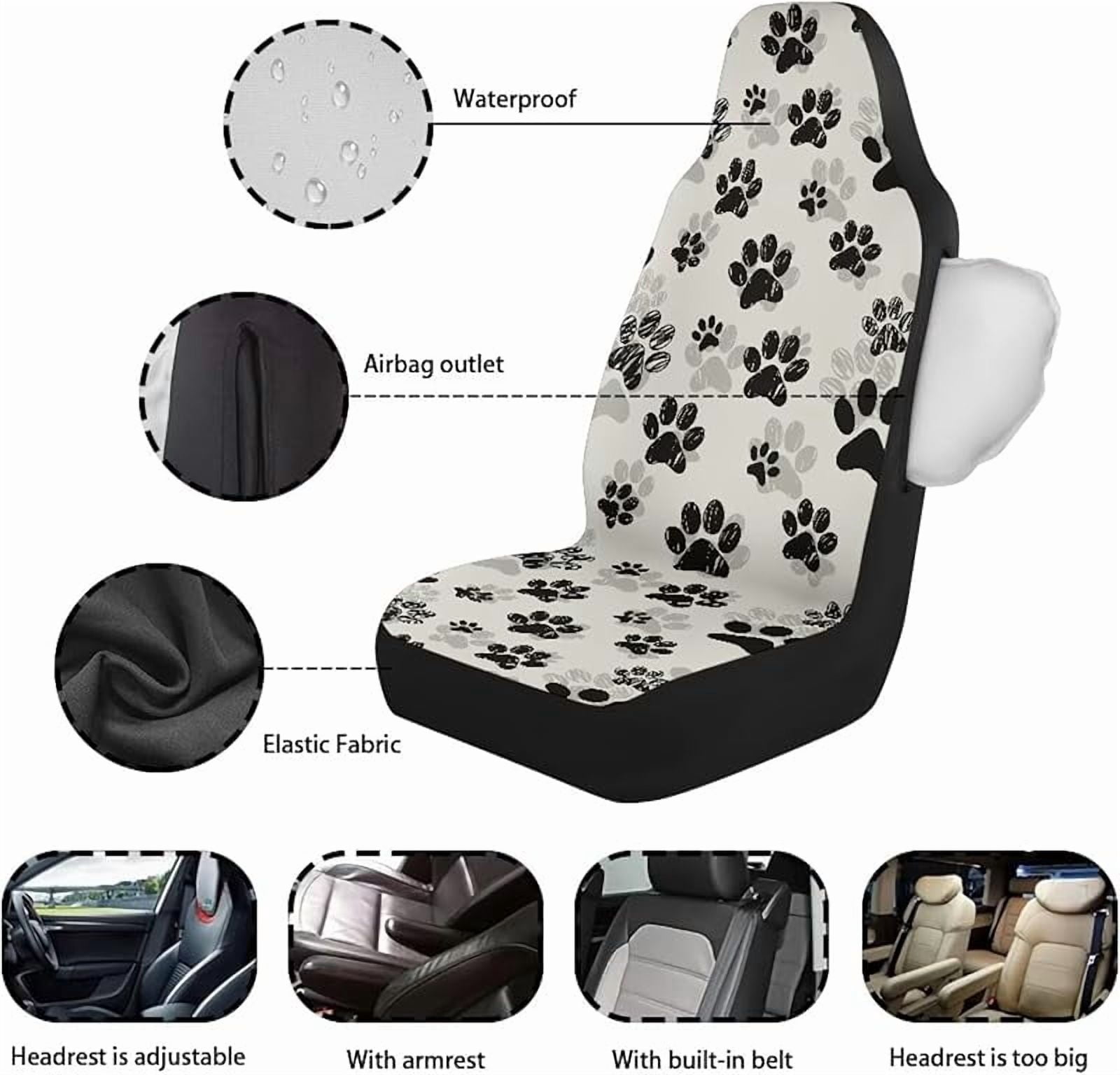 Waterproof Car Front Seat Cover Set Black Dog Paw Print Bucket Seat Covers Anti-Slip Premium Polyester Seat Covers for Cars,Trucks,SUVs,2PCS,Airbag Compatible