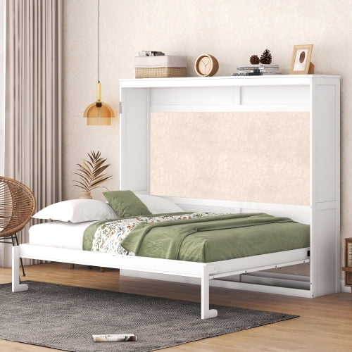 Queen Size Murphy Bed with Built-in Desk, White Wall Bed Cabinet | Space-Saving Foldable Bed for Small Apartments, Home Office & Guest Room | No Box Spring Needed | Easy Assembly