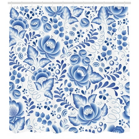 Vintage Blue Shower Curtain Chinese Style Traditional Motif