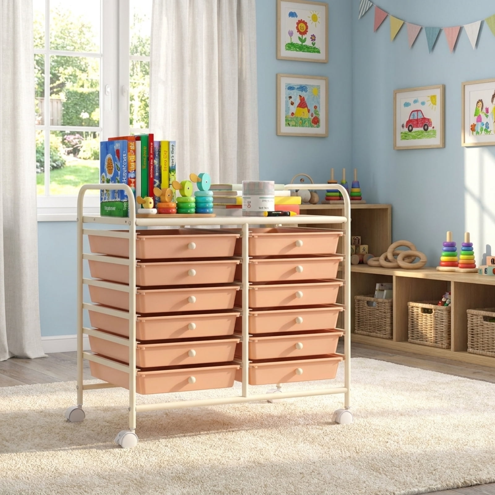 Furnibear 12 Drawers Rolling Storage Cart for Home and Office Multi Organizer for Craft Room Classroom, Peach