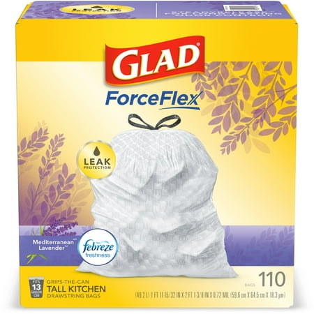 Glad ForceFlex Tall Kitchen Drawstring Trash Bags - 13 Gallon White Trash Bag, Mediterranean Lavender scent with Febreze Freshness - 110 Count