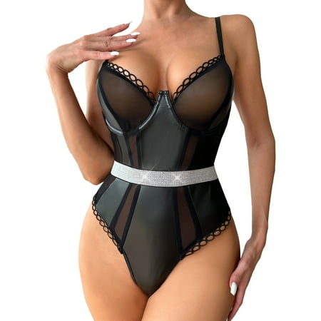 

NECHOLOGY Women Fashion Print Mesh Lingerie Bodysuit Lace Lingerie Two Pieces Set Sexy Underwear With Womens plus Size Lingerie Underwear Black Large