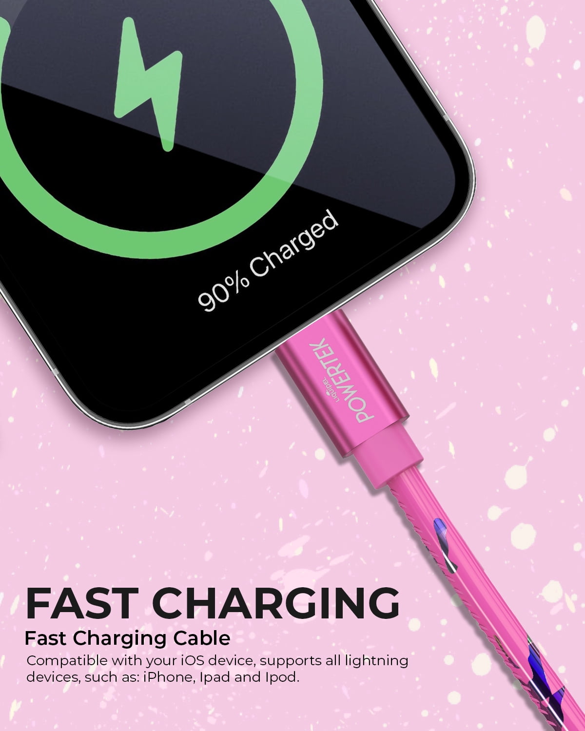 Liquipel Powertek USB C Lightning iPhone Charger Cable [MFI Certified], 6ft Fast Charging, Neon Party