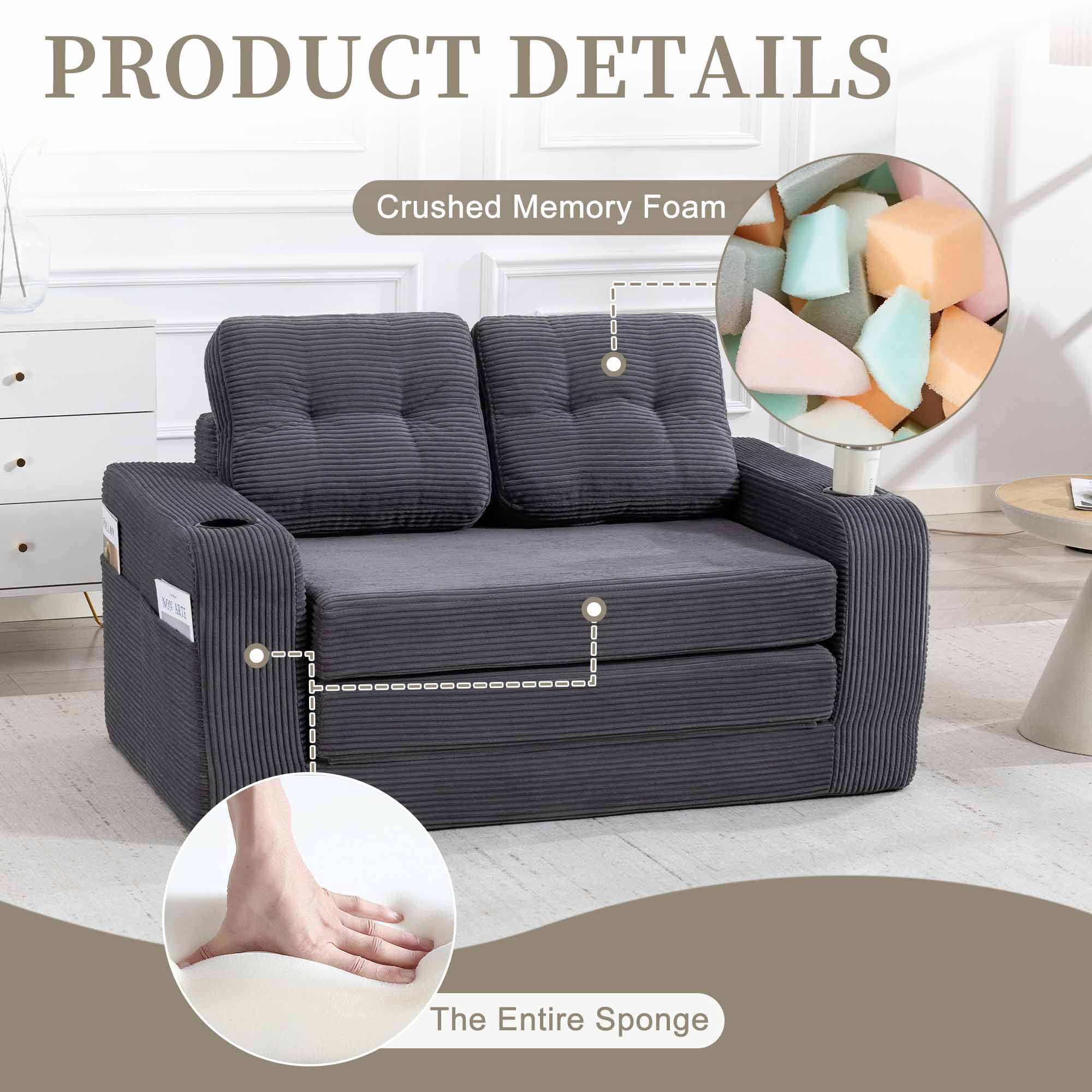Lunale 54" Convertible Sofa Bed, Small Boneless Cloud Couch with Cup Holders, No Assembly Required, Corduroy Floor Sleeper Sofa, Gray